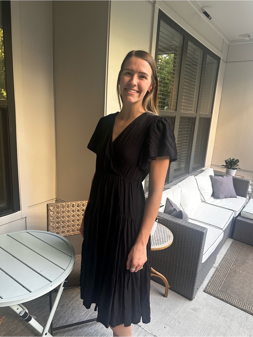 Petal & Pup Black V-Neck Tiered Midi Dress